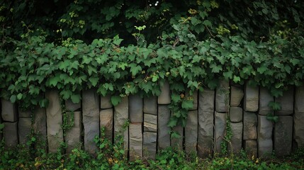 An old stone fence overgrown with ivy and moss