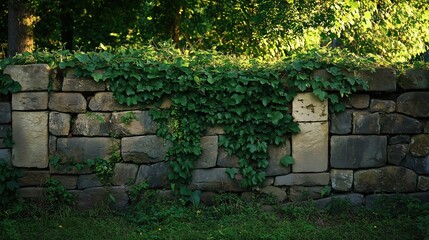 An old stone fence overgrown with ivy and moss