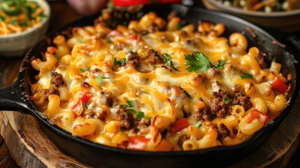 One skillet cheeseburger mac and cheese on frying pan with macaroni pasta a lot of cheese bechamel sauce ground beef meat and vegetables tasty american food dish