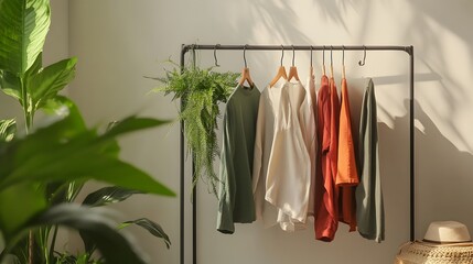 Eco Friendly Hemp Clothing Hanging on a Modern Simple Clothing Rack   Sustainable Fashion Textile Display in a Minimalist Natural Setting