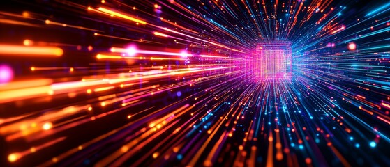 Abstract cyber network, ultra-fast data streams, vibrant neon lines, technological matrix, dark futuristic background