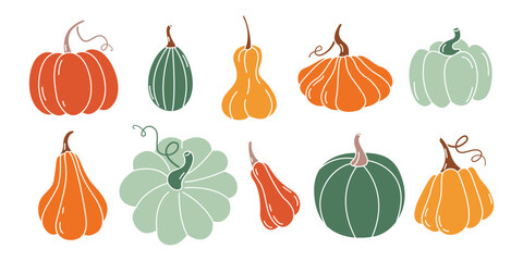 Harvest festival. Fall season pumpkin set. Colorful pumpkins. Hello fall, autumn, Thanksgiving, Halloween. Fall ripe vegetable. Vector flat illustration