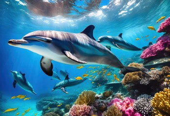 Obraz premium exciting dolphin encounters colorful marine habitats featuring playful sea life stunning underwater landscapes, experience, vibrant, thrilling, ocean, aquatic