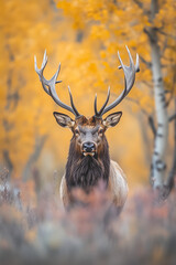 Portrait of a free and wild elk with beautiful antlers on autumn forest background background, wildlife cervid animal banner , noble stag