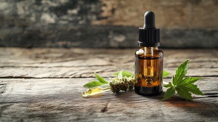 Obraz premium Close up of a small glass bottle filled with hemp oil positioned on a natural wood surface with a sprig of hemp nearby leaving copy space on the left for text or design elements