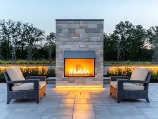 Cozy outdoor space featuring a modern fireplace, stylish chairs, and lush greenery, perfect for relaxation and gatherings.