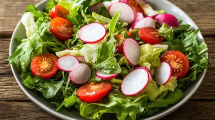 Fresh salad featuring vibrant radishes and cherry tomatoes on a rustic wooden table, perfect for healthy meal ideas.