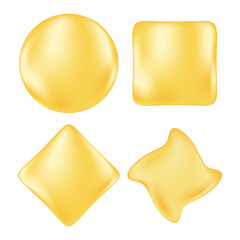 Cute gold 3D geometric shapes set, glowing circle, square, star, rhombus with liquid gradient texture. Aesthetic y2k style icons isolated. Elegant abstract elements for social media, posters, banners.