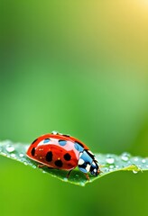 Fototapeta premium vibrant ladybug resting glistening leaf captured beauty, insect, beetle, macro, colorful, garden, nature, outdoor, flora, fauna, sunlight, green, habitat