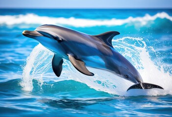 Fototapeta premium vibrant dolphin leaping through lively ocean waves bright seascape splashes water, blue, marine, playful, creature, animal, nature, scenery, coastal