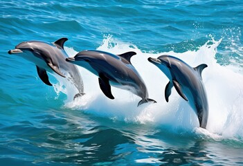 Fototapeta premium dynamic dolphin forms swimming amidst contrasting vibrant ocean flows lively seascape, water, waves, movement, blue, aquatic, marine, wildlife, scenery