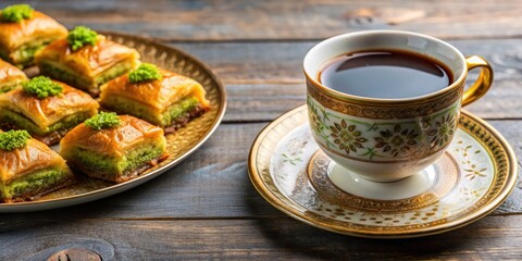 Fototapeta premium Traditional Turkish sweet baklava and a cup of hot coffee , Turkish, sweet, food, dessert, baklava, coffee, Turkish coffee