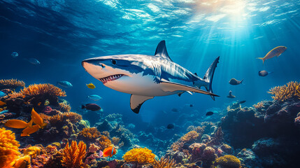 Fototapeta premium Great White Shark Swimming Among Coral Reefs With Fish in Sunlit Underwater Ocean Scene, Predator Wildlife in Marine Nature, Blue Water, Teeth, Vibrant Sea Life, Travel, Undersea Exploration