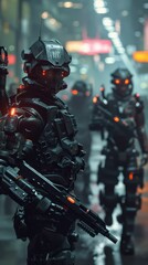 Soldiers in high-tech armor patrol an illuminated urban landscape under the night sky