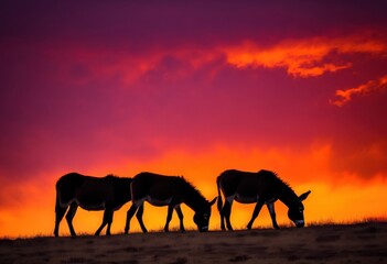silhouetted donkeys vibrant sunset sky rich colors dramatic shadows, backdrop, horizon, orange, red, pink, blue, clouds, nature, landscape, evening, light