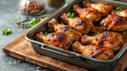 Baked chicken legs in metal baking dish on a wooden kitchen board
