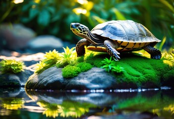 Fototapeta premium aquatic turtle basking colorful stone surrounded lush greenery sparkling water serene natural habitat, wildlife, reptile, vibrant, nature, pond, sun