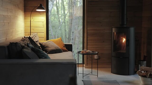 A Cozy Living Room Featuring a Wood Stove and Abundant Natural Light for Comfort and Relaxation