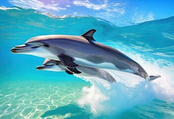 Fototapeta premium dynamic dolphin forms leaping bright ocean waves creating vibrant coastal scene clear blue sky, sea, water, marine, playful, surf, foam, reflection, light