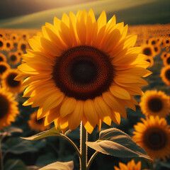 A field of sunflowers, each one showcasing its large, yellow petals and dark center, bathed in soft, natural light