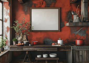 "Picture frames in a hot kitchen" - White kitchen, Mockup, Photo frame, Architect, Art, red tone