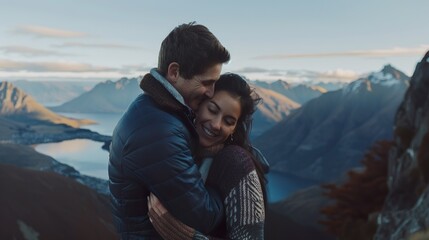 Obraz premium A close-up shot of the couple embracing each other with joyous expressions, enjoying the panoramic view of the mountain range and sparkling lake below.