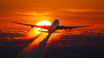 Commercial Airplane Soaring Through Vibrant Orange Sunset Sky, Leaving White Exhaust Trail Highlighted by Warm Glow, Aircraft in Flight Symbolizing Journey, Adventure, Freedom, and Travel Inspiration