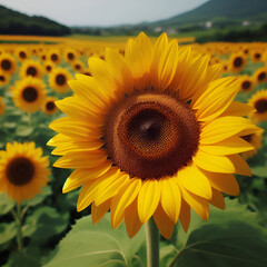 A close-up shot of a sunflower with its petals fully open, surrounded by other sunflowers in a field 