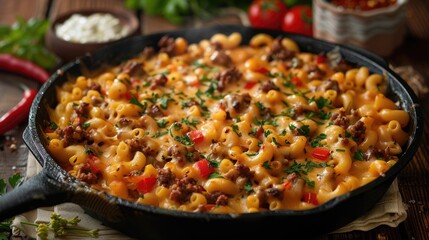 One skillet cheeseburger mac and cheese on frying pan with macaroni pasta a lot of cheese bechamel sauce ground beef meat and vegetables tasty american food dish