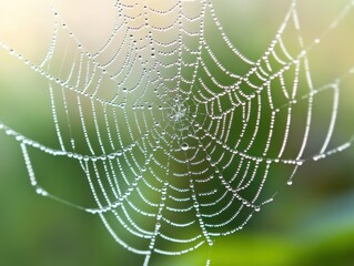 Fototapeta premium Close-up of a dew-covered spider web glistening in the sunlight, showcasing intricate patterns and natural beauty.