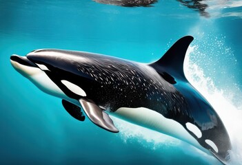 Obraz premium majestic orca gliding gracefully through crystal clear waters under bright sunlight, swimming, ocean, marine, mammal, aquatic, wildlife, sea, blue, surface