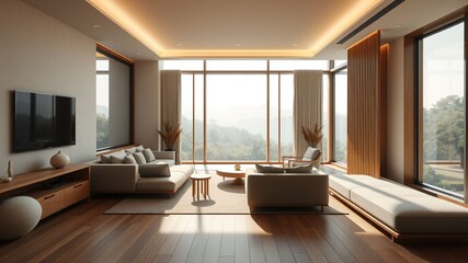 Zen inspired hotel room with multifunctional seating and large windows