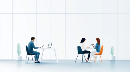 Modern office scene with professionals collaborating at workstations, showcasing teamwork and productivity in a bright environment.
