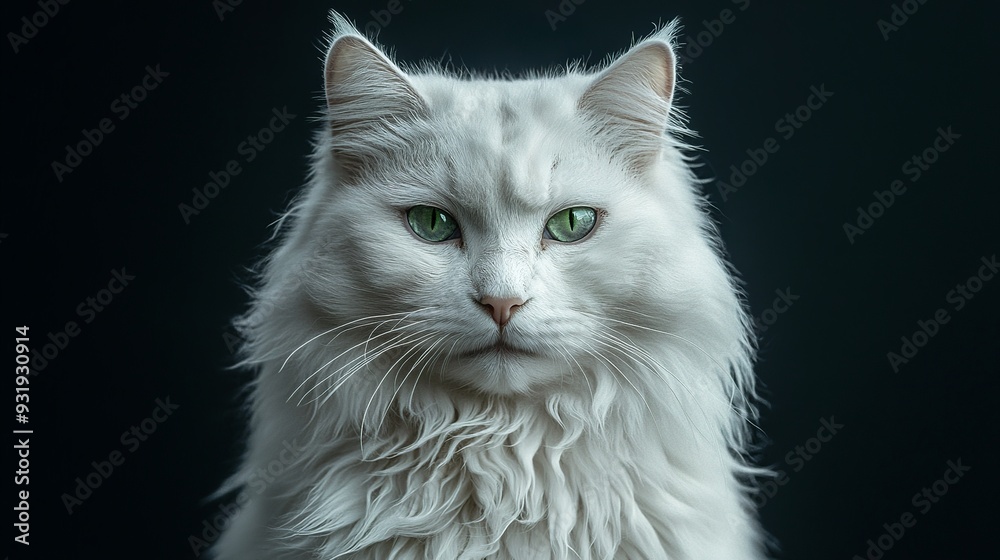 Wall mural ultra-realistic 8k photograph, a huge siberian white cat with disheveled fur and big green eyes