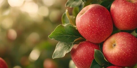 A close-up of a cluster of juicy, red apples on a farm tree, with a backdrop of autumn leaves and blurred greenery, emphasizing the natural, organic quality and vibrant color of the fruit