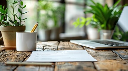 "Top View of a Blank White Resume Template on a Wooden Desk Beside a Laptop and Pencil: Business CV or Job Application Mockup"