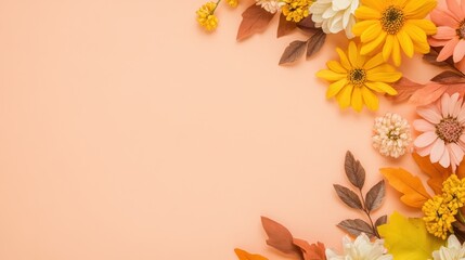 A vibrant collection of autumn flowers frames a soft peach background, perfect for seasonal designs and nature-themed projects.