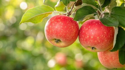 Obraz premium red apples hanging from a tree branch in an organic farm setting, with a natural, blurred background of greenery and fall foliage, highlighting the freshness and abundance of the harvest