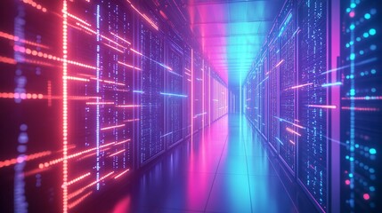 Obraz premium Futuristic AI Processing in Modern Server Farm with Vibrant Data Lines