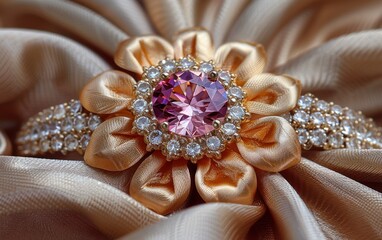 A close-up image of a pink gemstone centered in a gold flower brooch on a gold fabric backdrop