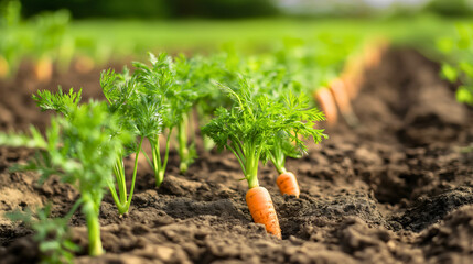 A large carrot farm, full of carrots and their shoots, with carrots coming out of the ground ready for harvesting.