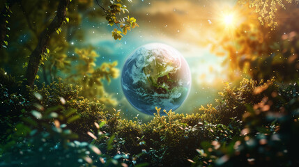 Planet Earth Floating Above Forests and Swamps, Illuminated by the Sun