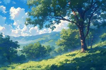 Scenic Anime Landscape with Lush Green Trees, Rolling Hills, and Blue Sky