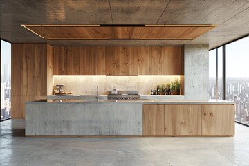 Modern wood and concrete kitchen interior with empty mock up place on wall, island, appliances and window with city view and daylight. 3D Rendering