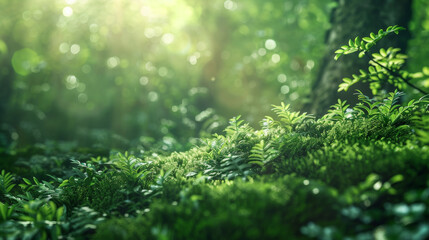 Fototapeta premium Ecology: Green Forest with Sunlight and Bokeh Effect