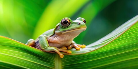Frog resting on a vibrant green leaf, frog, nature, wildlife, green, amphibian, leaf, sitting, tropical, colorful, relaxation