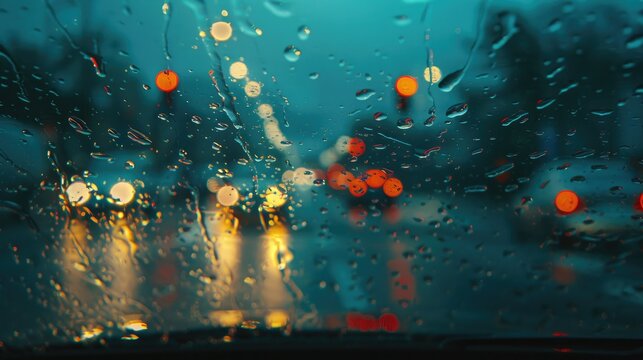 Drizzle on the windsheild Inside car when rainning Road view through car window with rain drops selective focus