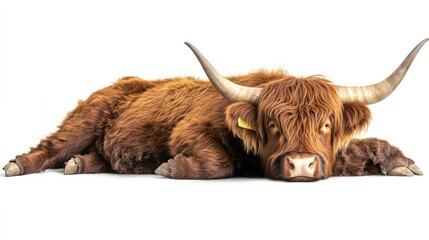 An isolated cutout of a Scottish highland cow lying down on a transparent background, png file