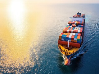 Fototapeta premium A cargo ship loaded with colorful containers sailing through calm waters during sunset, showcasing maritime transportation.