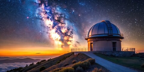 Obraz premium Observatory on hill with starry sky at twilight , observatory, hill, starry sky, twilight, peaceful, serene